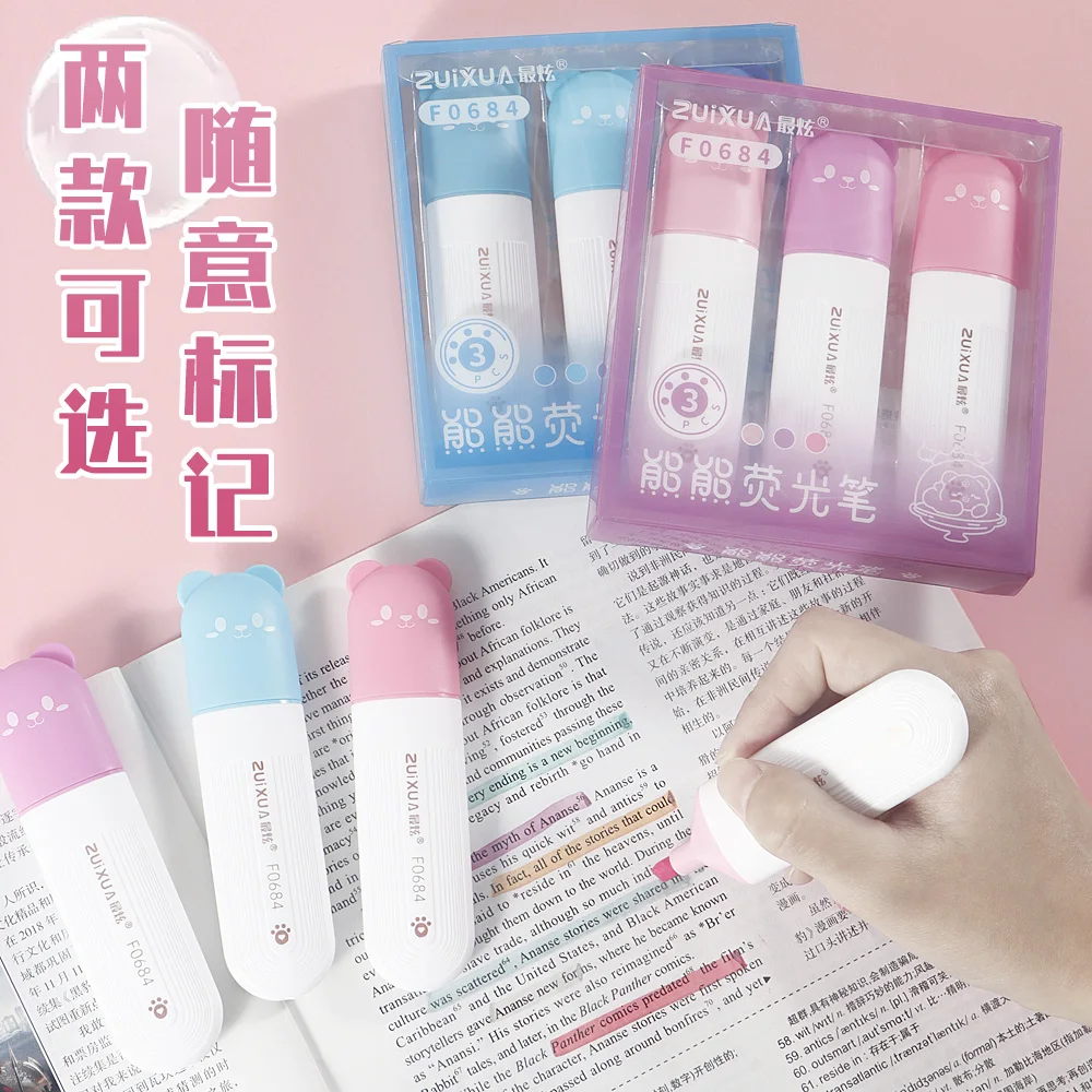 3 ألوان فسفورية Kawaii الدب عالية ملونة للاجتماعات ملاحظة أقلام تحديد الفلورسنت مكتب الفن القرطاسية اللوازم المدرسية.