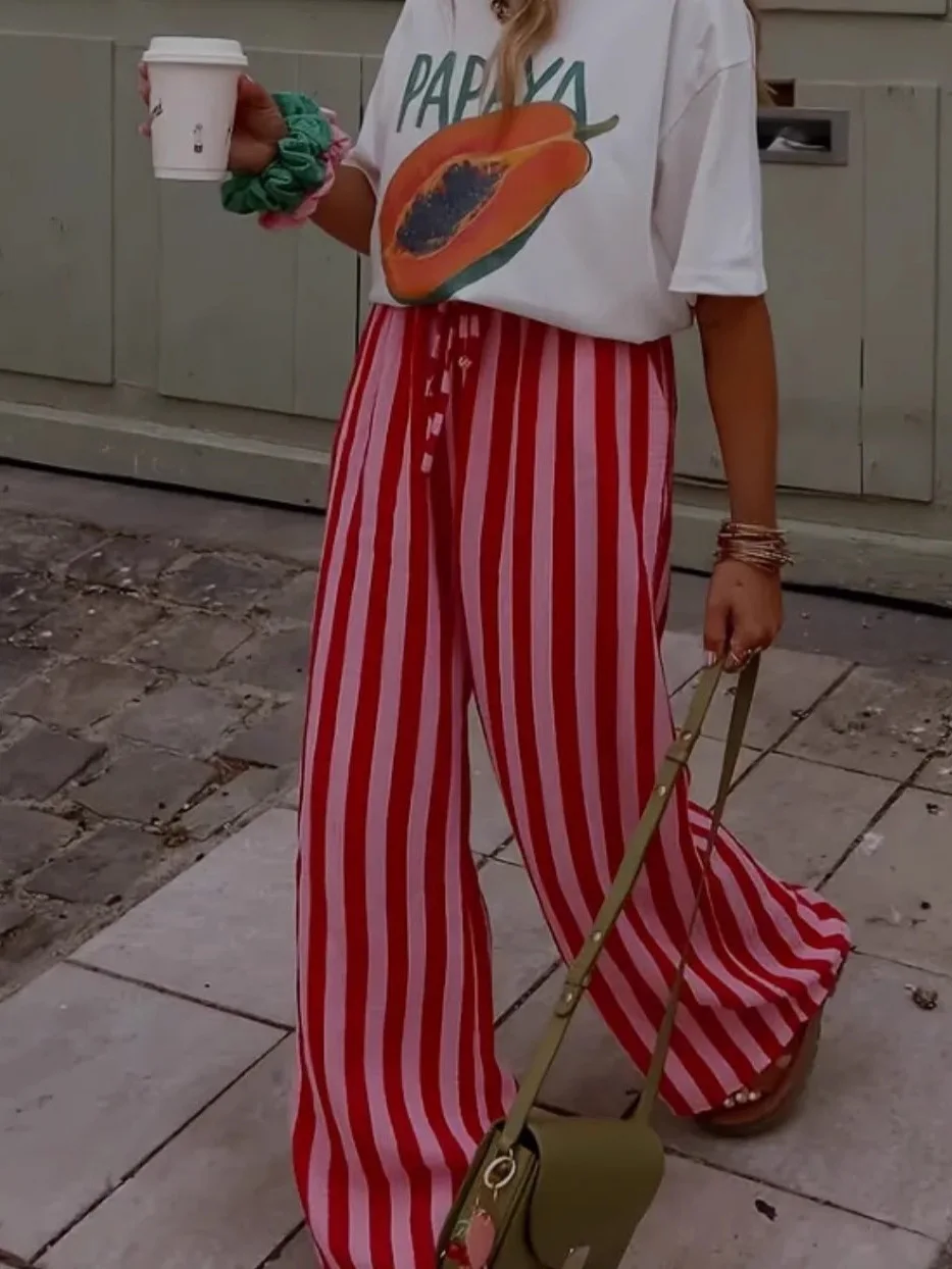 

Casual Striped Wide Leg Pants High Waist Straight Cut Polyester Fiber Ladies Casual Trousers Comfortable Loose Fit Long Pants