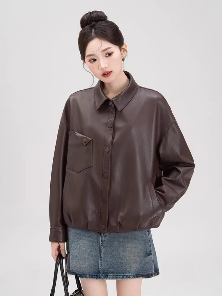 

Casual Short Genuine Leather Shirt Jackets for Women Spring Autumn 2026 New High-end Simple Loose Solid Soft Real Sheepskin Coat