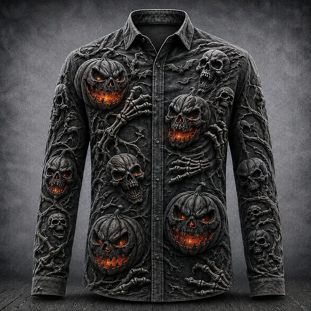 Men Halloween Pumpkin 3D Print Long Sleeve Shirt Jack O Lantern Gothic Lapel Button Shirt Party Casual Tops