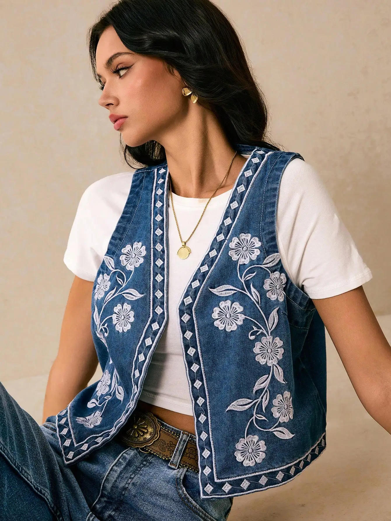 

Women's Blue Denim Vest with White Floral Embroidery, Boho Y2K Style for Summer Festivals & Casual Outings
