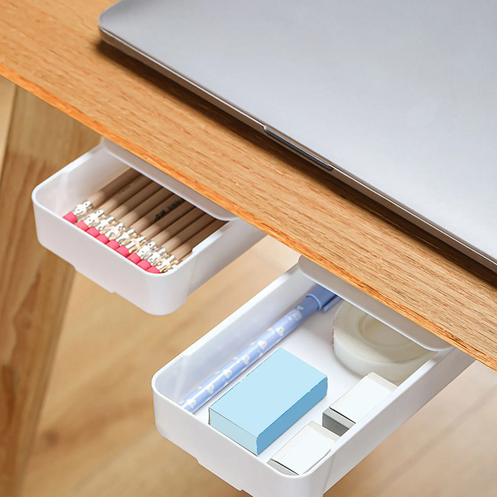 

2pcs Adhesive Hidden Drawer Under Desk Storage Case For Stationery Pens Phones Large Capacity Organizer Multi-Scene Use Abs