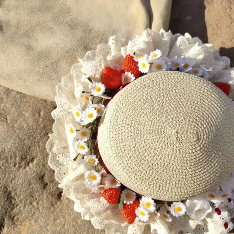 X5XA Multipurpose Wide Brimmed Straw Bonnet With Floral Embellishments Fashion Strawberry Travel Hat For Photoshoots