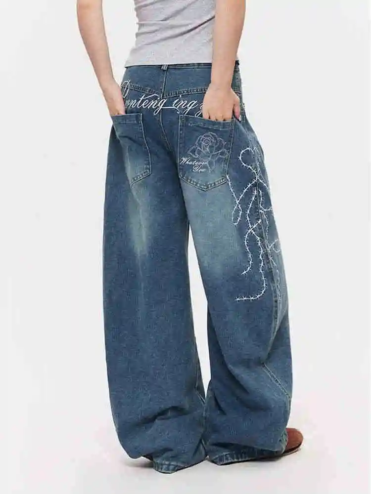 

Women's Blue Y2k Embroidery Jeans Baggy Denim Trousers Harajuku Vintage Oversize Jeans Long Pants Japanese 2000s Style Clothes