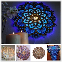 LED Mandala Lotus Lamp Night Light Wall Hanging Ornament Yoga Room Bedroom Home Decoration Accessories Wood Carving Art Statue