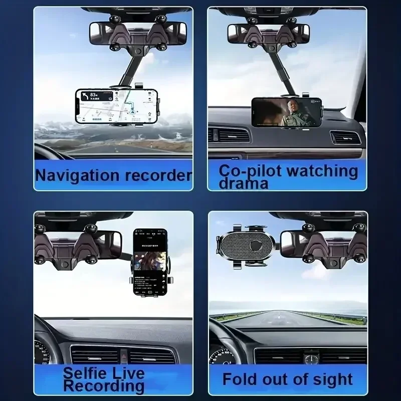 

Car Rearview Mirror Phone Holder 360° Rotating Retractable Clip Foldable Mount GPS Support Universal Car Mobile Phone Stand