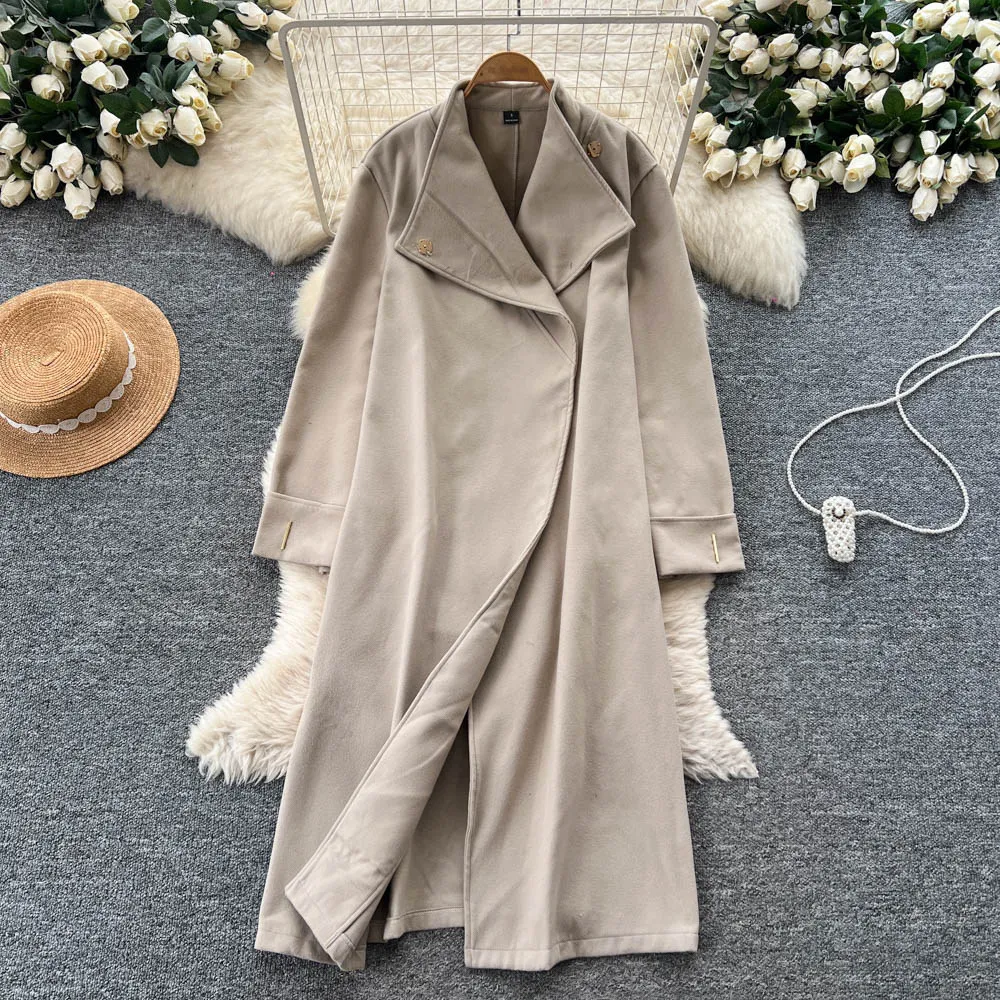 

SuperAen женское длинное шерстяное пальто в корейском стиле с отложным воротником на шнуровке на талии, однотонное пальто с воротником-стойкой