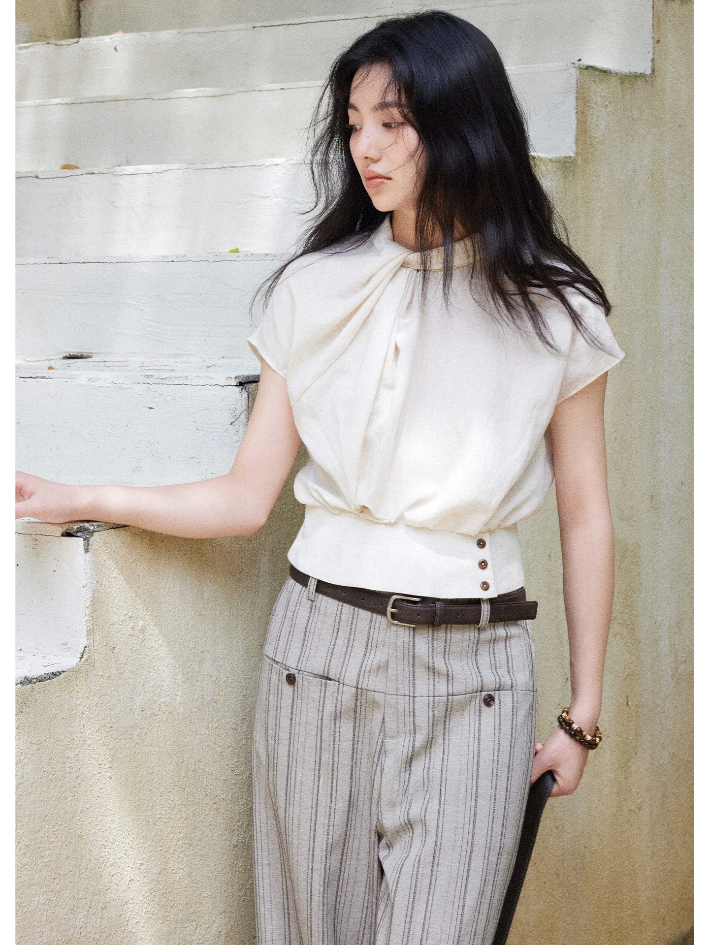 

Ele Vintage Pleated Waist-Cinching Women's irt 3D Mong Design Comfortable Breathable ort Sve Stand Collar