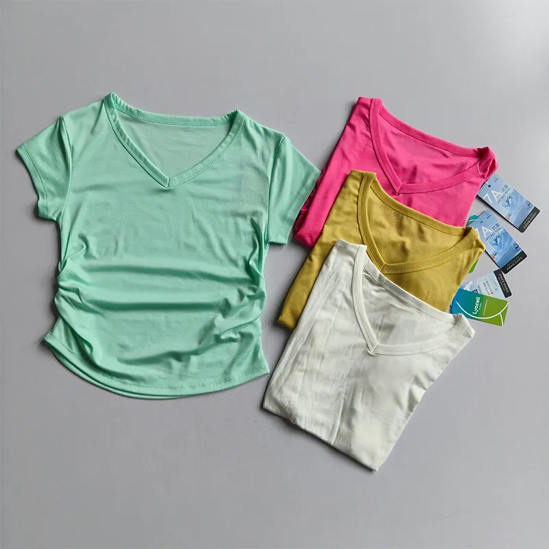 

V-neck Short-sleeved Shirts Sports Fitness T-shirt Slim Waist Summer Training Pilates Running Quick-drying Fitness Wear Yoga Top