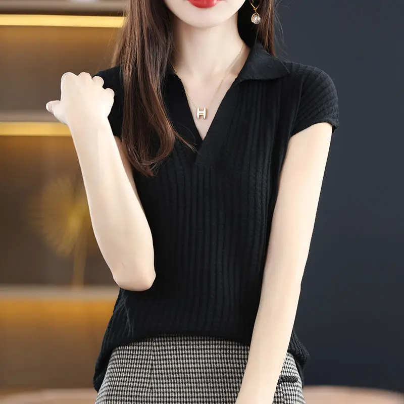 Fashion Lapel Solid Color Short Sleeve Shirt Summer All-match Casual Pullovers 2024 Women Clothing Loose Commute Knitted Blouse