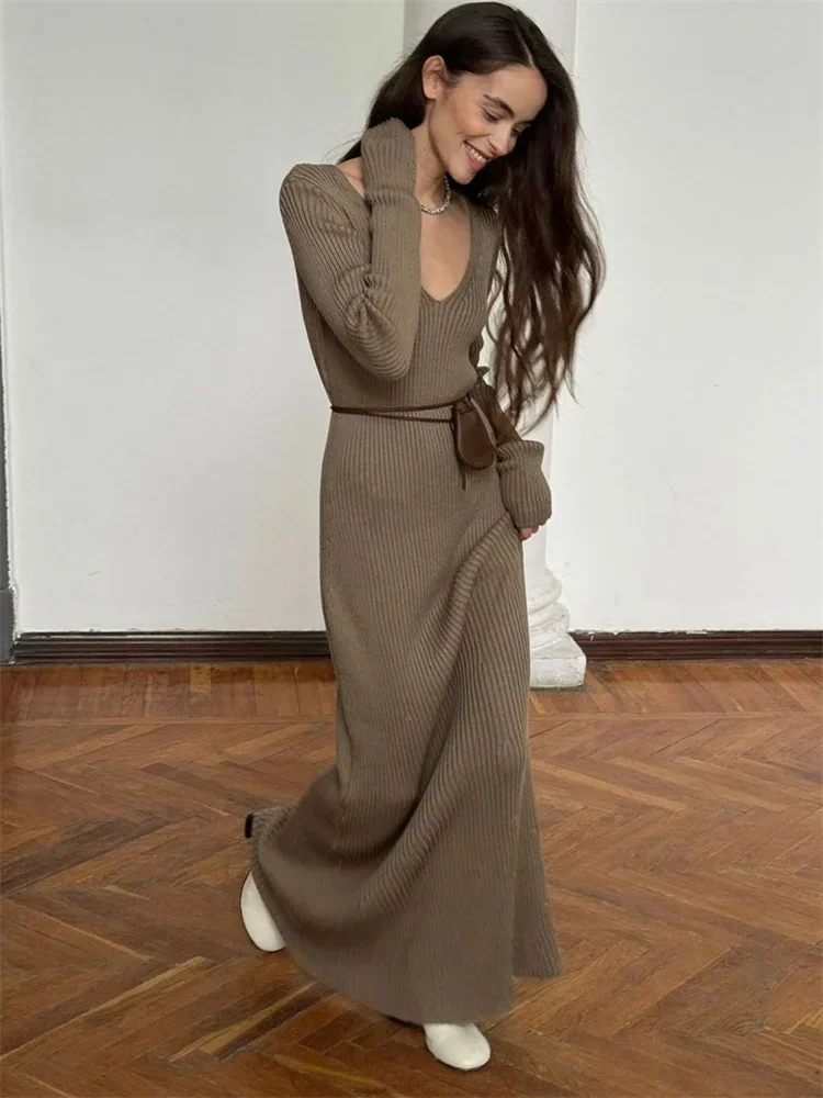Maxi Dress for women Knit Loose  Female V-Neck Patchwork High Waist Casual 2025 New Party Dress Clothes Women's Knitwear Dress