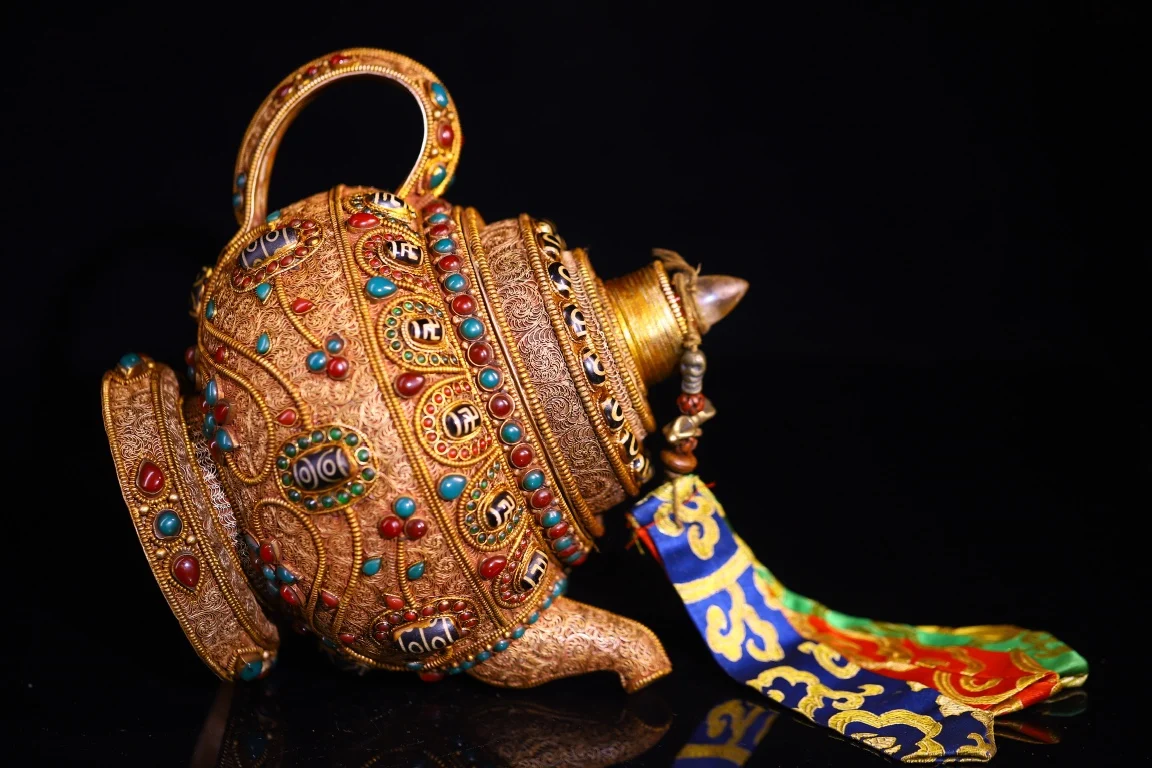 9 "مجموعة معبد التبت الفضة التبتية القديمة مذهب تخريمية فسيفساء جوهرة gZi الخرز وعاء الزبدة غلاية الإبريق تميمة تاون هاوس #6