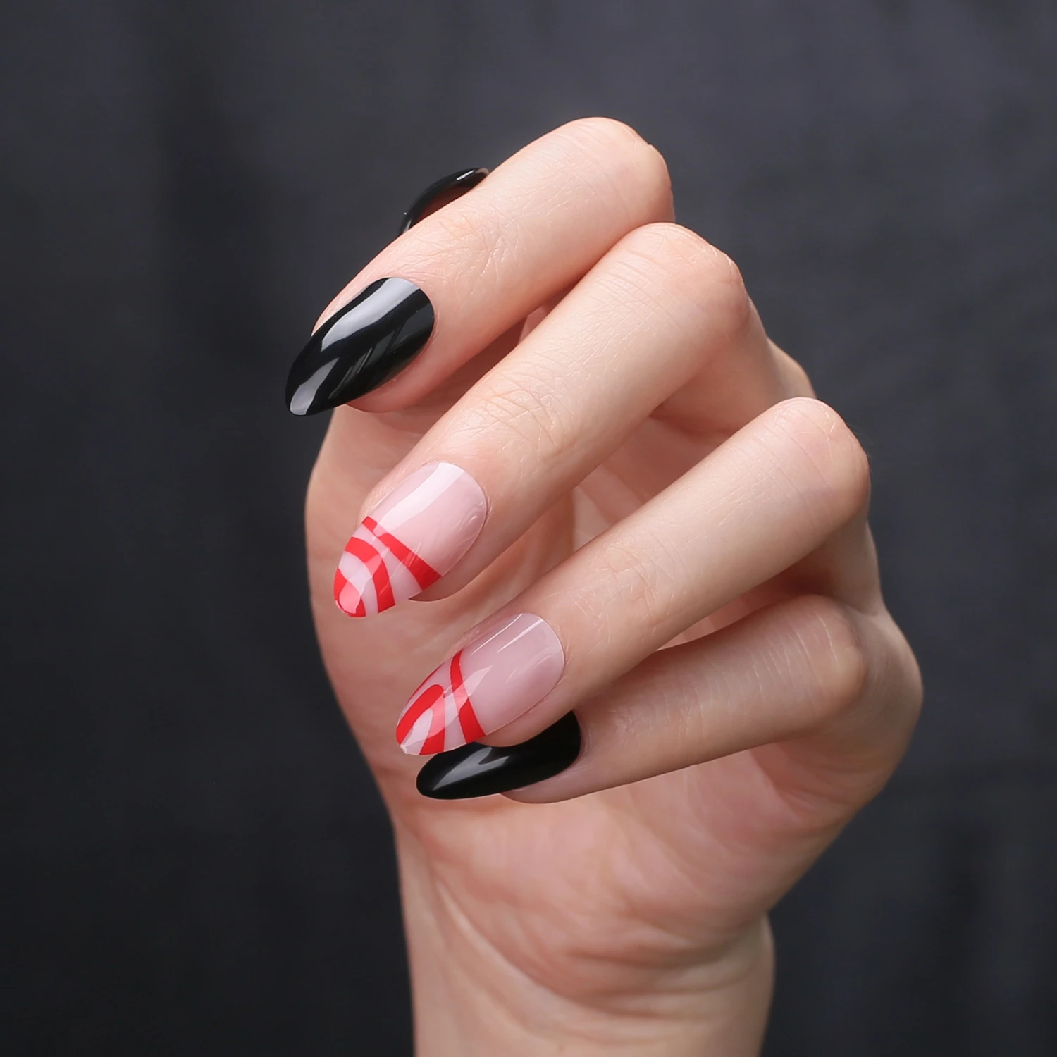 짧은 블랙 보텍스 프레스온 네일 아몬드 젤 가짜 손톱 스틸레토 레드 제브라 프렌치 네일 매니큐어 아크릴 네일 아트 팁