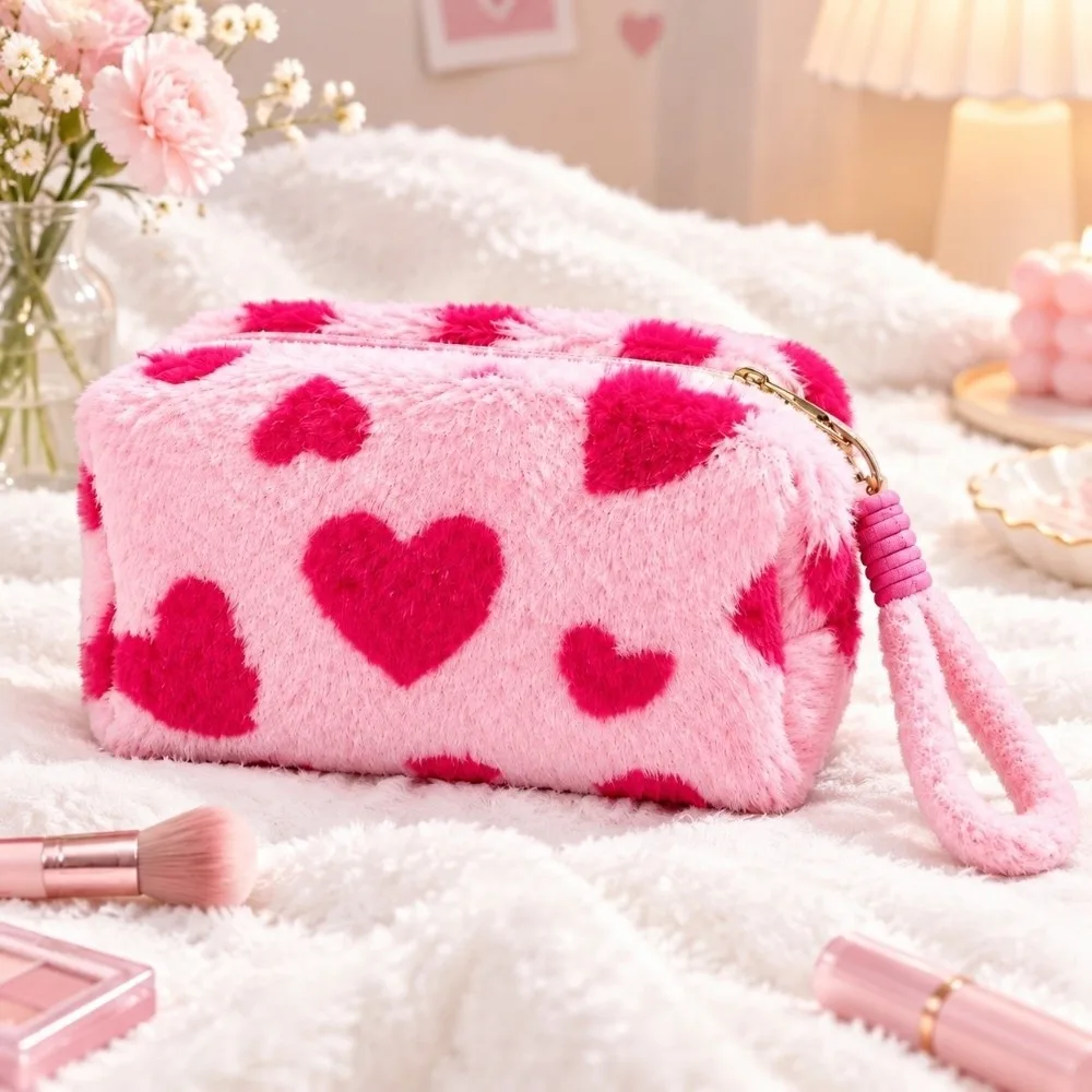 Cute Soft Makeup Bags Heart Pattern Large Capacity Cosmetic Organizer Pouch With Handle Portable Pencil Case Clutch Gift