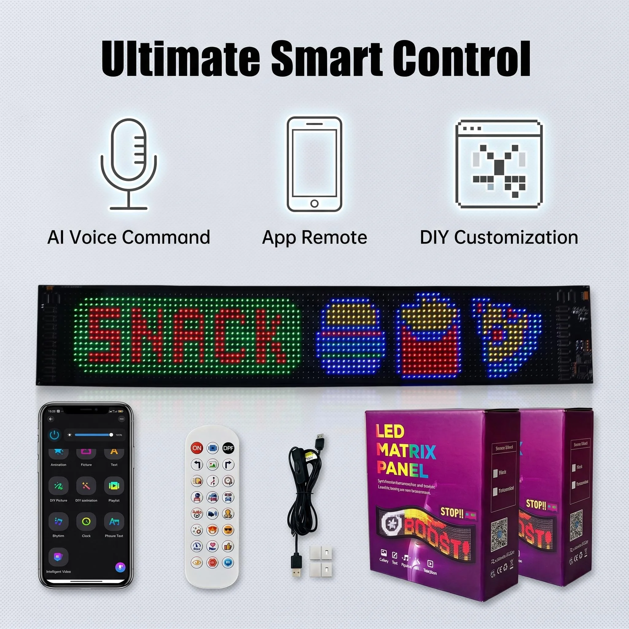 AI Voice Control LED Display Flexible RGB Matrix Screen APP Programmable USB Powered Pixel Panel Lights for Car Advertising