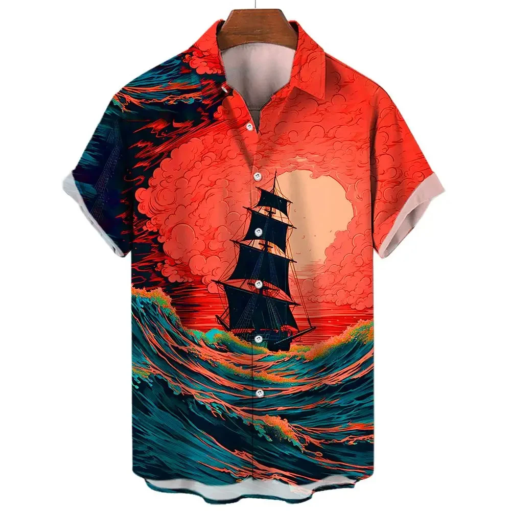 

Graphic Printed Men's Shirt Vintage Oversized Short Sleeve Shirts For Men Fashion Casual Sailor Boat Printed Men's Clothing