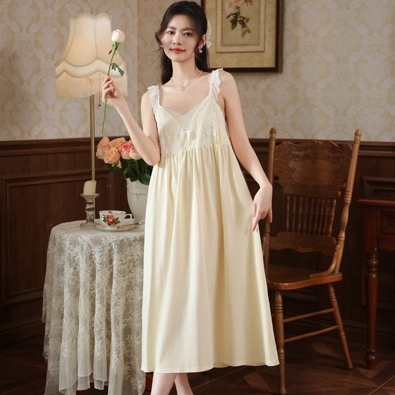 Sling Nightgown Female Summer Sleep Wear Sexy Lace Embroidery French Pajamas Dress Chest Pad Home Service Cotton Night Shirt