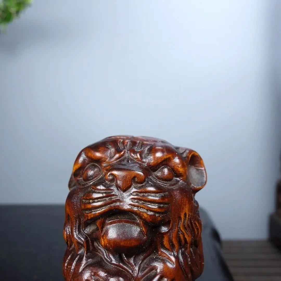 Hand Carved Wood Tiger holding ball Statue Figurine Desktop Ornaments Home Decoration