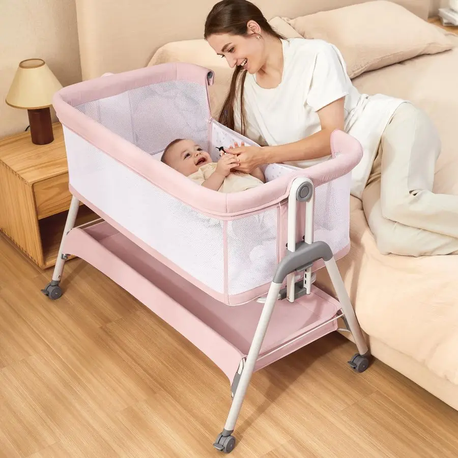 Baby Bassinet Bedside Sleeper, Easy Folding Portable Bassinet for Baby Girl with Wheels, Adjustable Height, Included Mattress Pi