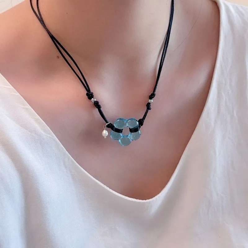 

Minar INS Fashion Candy Color Acrylic Hollow Flower Imitation Pearl Pendant Necklaces for Women Adjustable Rope Sweater Chain