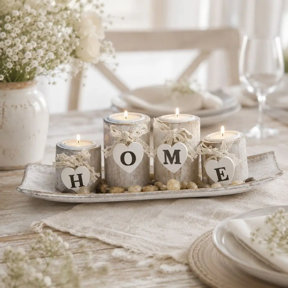 Style Wooden HOME Candle Holder, Tea Light Candle Set, Twine Bow Decoration And Decorative Stones, Perfect For Home Decoration