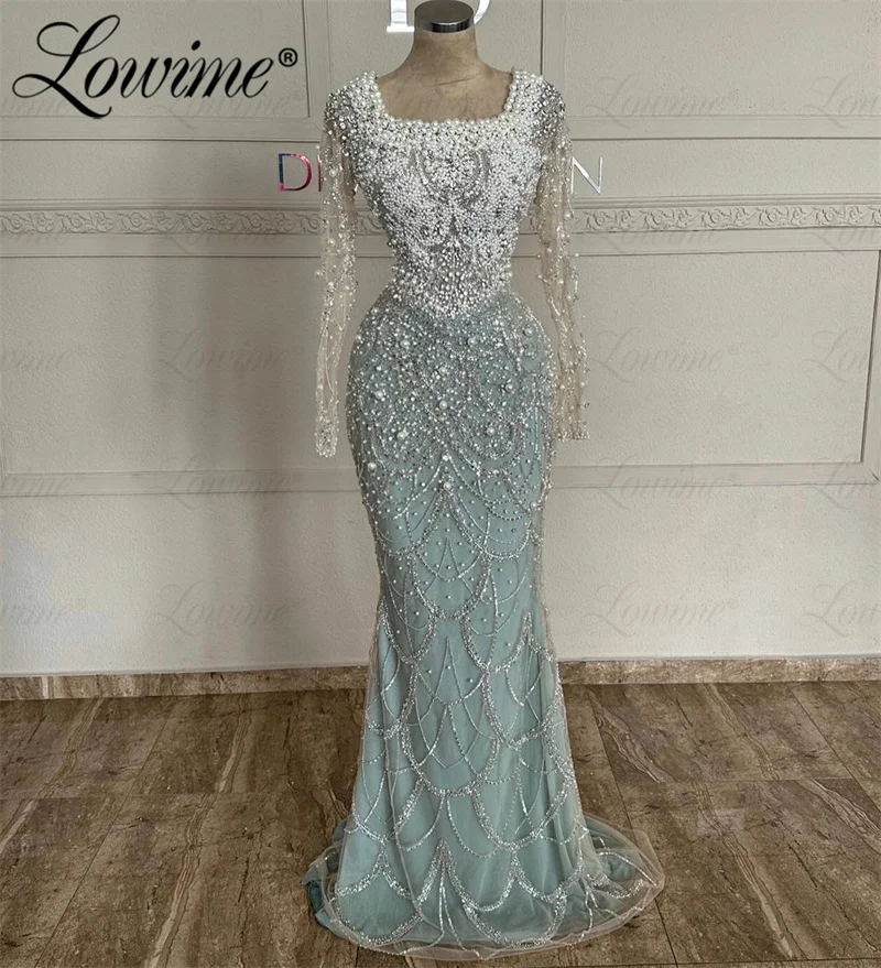 2024 Full Pearls Beading Arabic Evening Dresses Formal Party Second Reception Engagement Gowns Dubai Prom Gowns Custom Made Robe