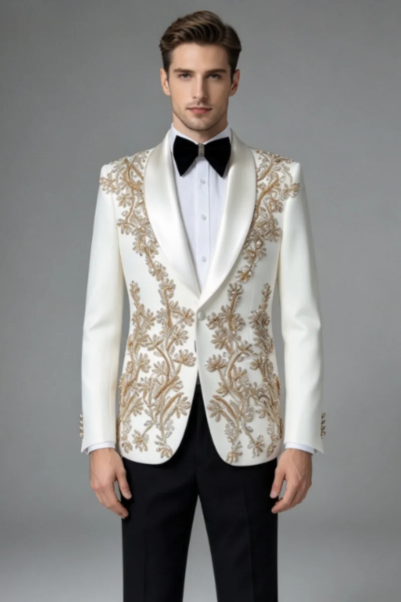 High-end Gold Floral Rhinestone Embroidery Men Suits Customized Slim Fit Shawl Lapel Groom Wedding Tuxedos 2Pcs Sets Ropa Hombre
