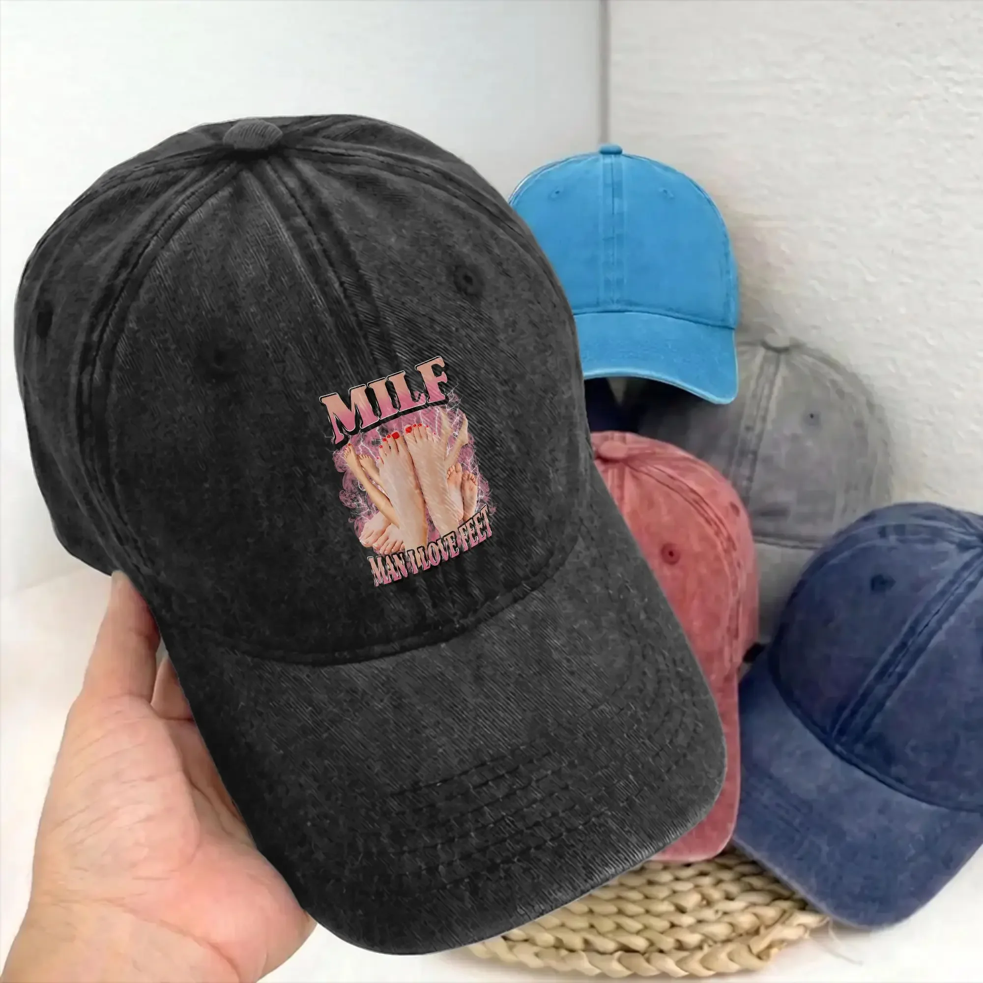 MILF Man I Love Feet Funny Baseball Cap Unstructured Unisex Inappropriate Quote Distressed Denim Snapback Outdoor Adjustable Hat