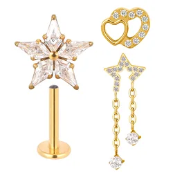 ASTM F136 Titanium EAR PIERC Pentagram and Heart Chain Pendant Ear Studs with CZ Top Tragus Earring Ear Helix Piercing Jewelr