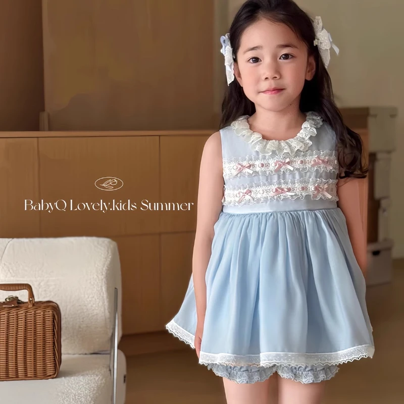 Baby Girl Blue Lolita Dress White Puff Inner Top Lace Pink Bow Decor Princess Dress Toddler Birthday Party Summer Outfit