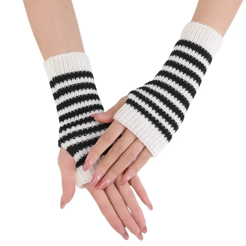 Colorful Striped Short Knit Fingerless Gloves for Women Warm Cold Proof Protective Sleeve Autumn Winter Accessory