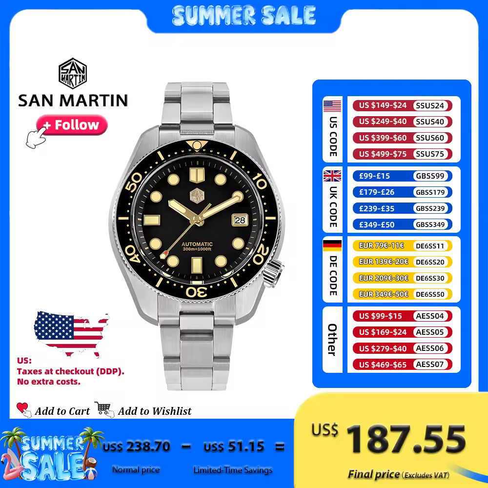 San martin design 44mm masculino mergulhador relógio mm300 esporte aço vintage nh35 safira mecânica automática à prova dwaterproof água 300m lum sn0087