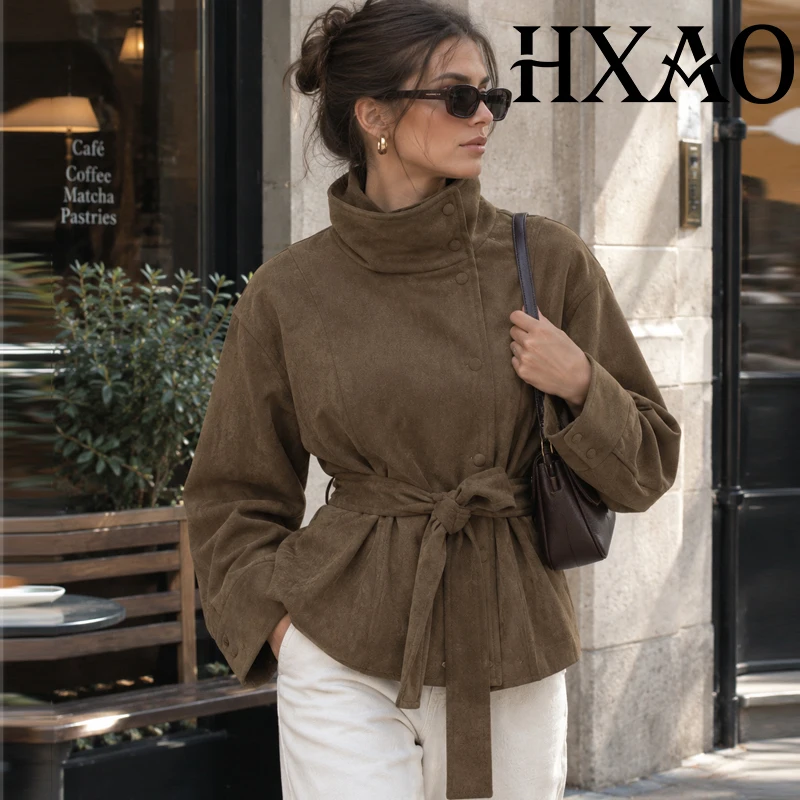 Chaqueta corta con cinturón HXAO, chaqueta de ante sintético para mujer, abrigo tipo gabardina, elegante, con botones, manga larga, top moderno, chaqueta corta de color marrón.