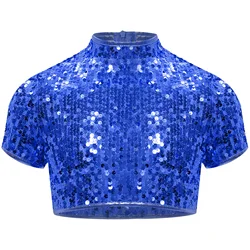 Kids Girls Short Sleeve Sparkly Sequins Crop Top Jazz Hip-hop Dance Costume Stage Performance Shirts Vest Latin Dance Tank Tops