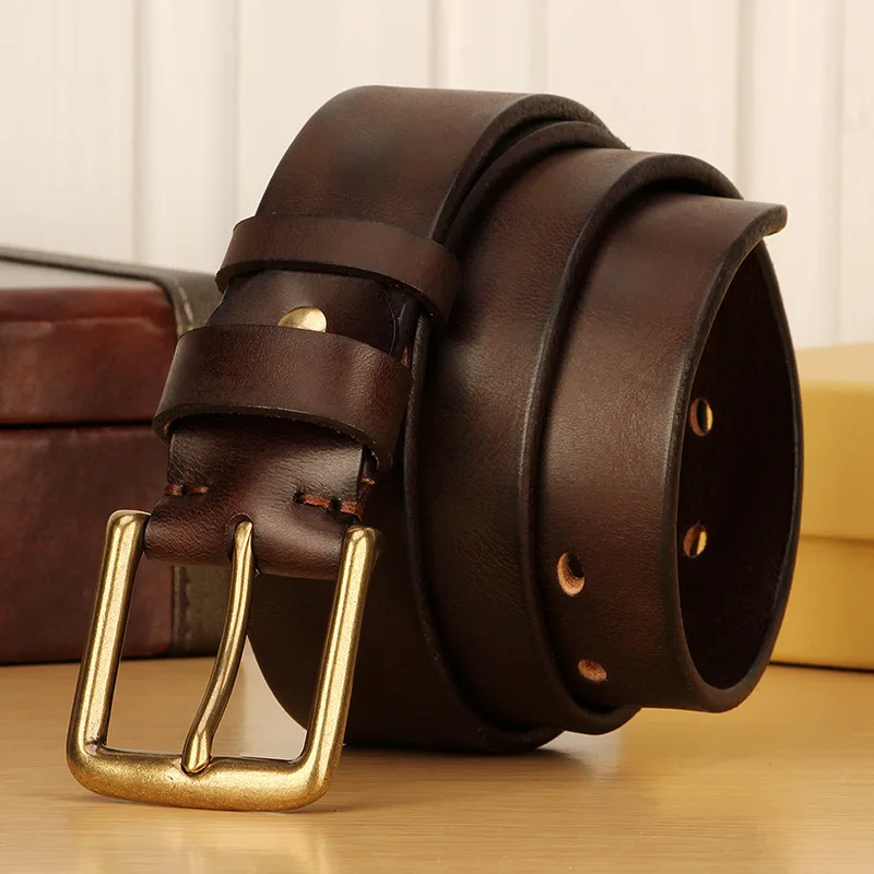 Paski męskie ze skóry licowej bydlęcej o grubości 5 mm, męskie paski ze skóry naturalnej w stylu vintage z solidną miedzianą klamrą, wytrzymałe i trwałe.