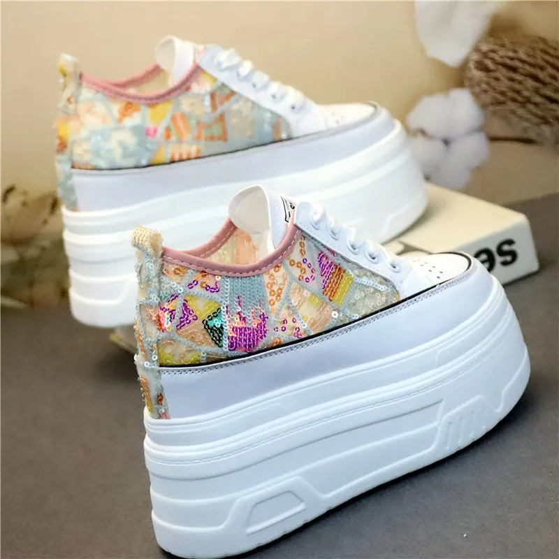 

Platform Shoes Breathable Mesh Fabric Women's High Heels 12cm Round Head Wedge Inside Add Small White Shoes Plus Size Sandals