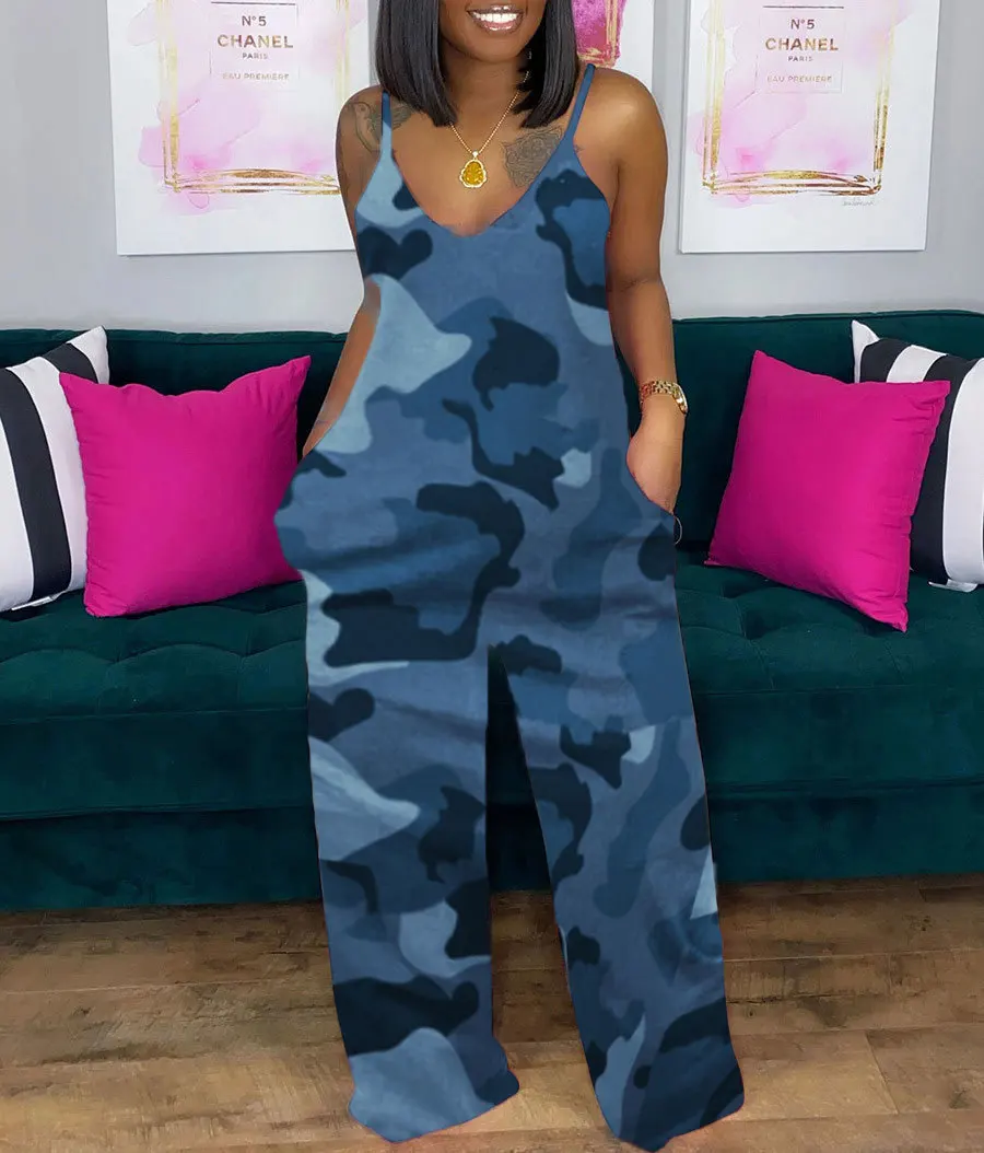 2025 European and American cross-border foreign trade summer camouflage sexy deep V-neck suspender loose jumpsuit female