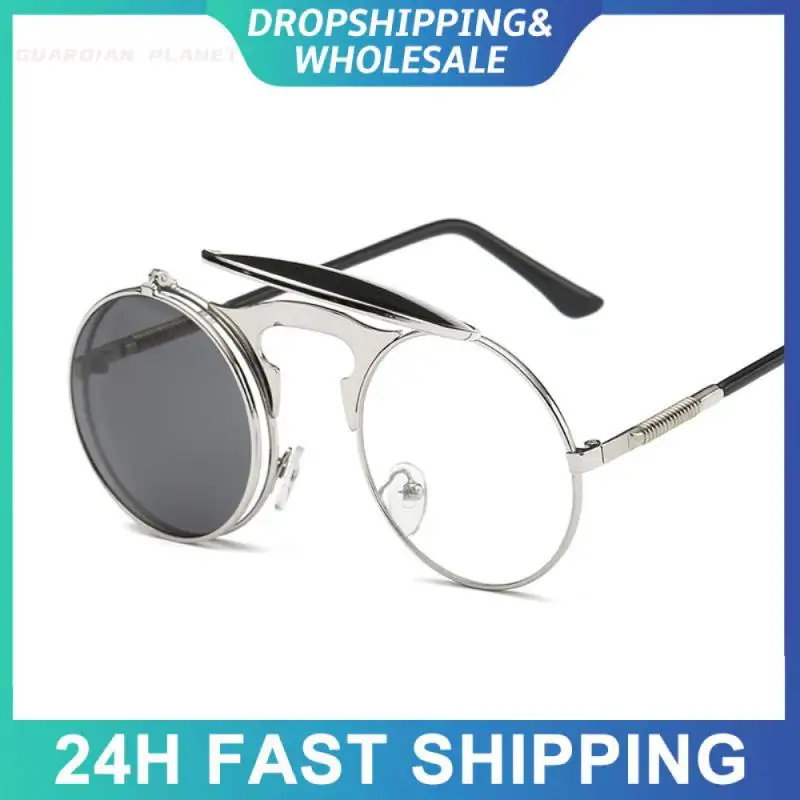 Steampunk Flip Up Men Sunglasses Women Retro Round Metal Frame Glasses Vintage Hinge Design Curved Spring Legs Riding Goggles