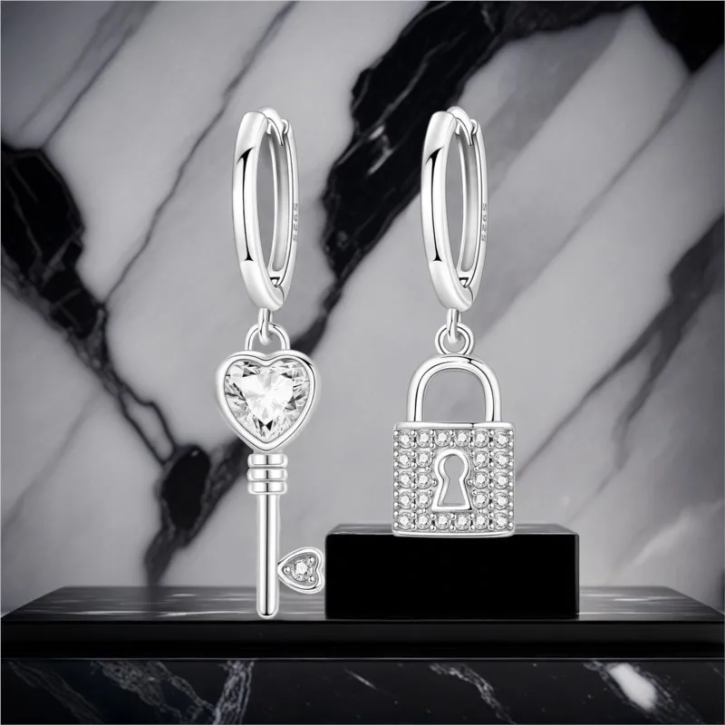 MISEFF 925 Sterling Silver Key Lock Charm Dangle Earring Original DIY Drop Earring Jewelry for Women Birthday Party Holiday Gift