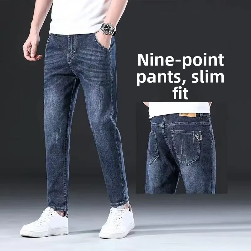 

Slim Fit Summer Thin Youth Nine Point Jeans Men's Elastic Casual Pants High Waist Straight Leg Business Gentleman Style Water...