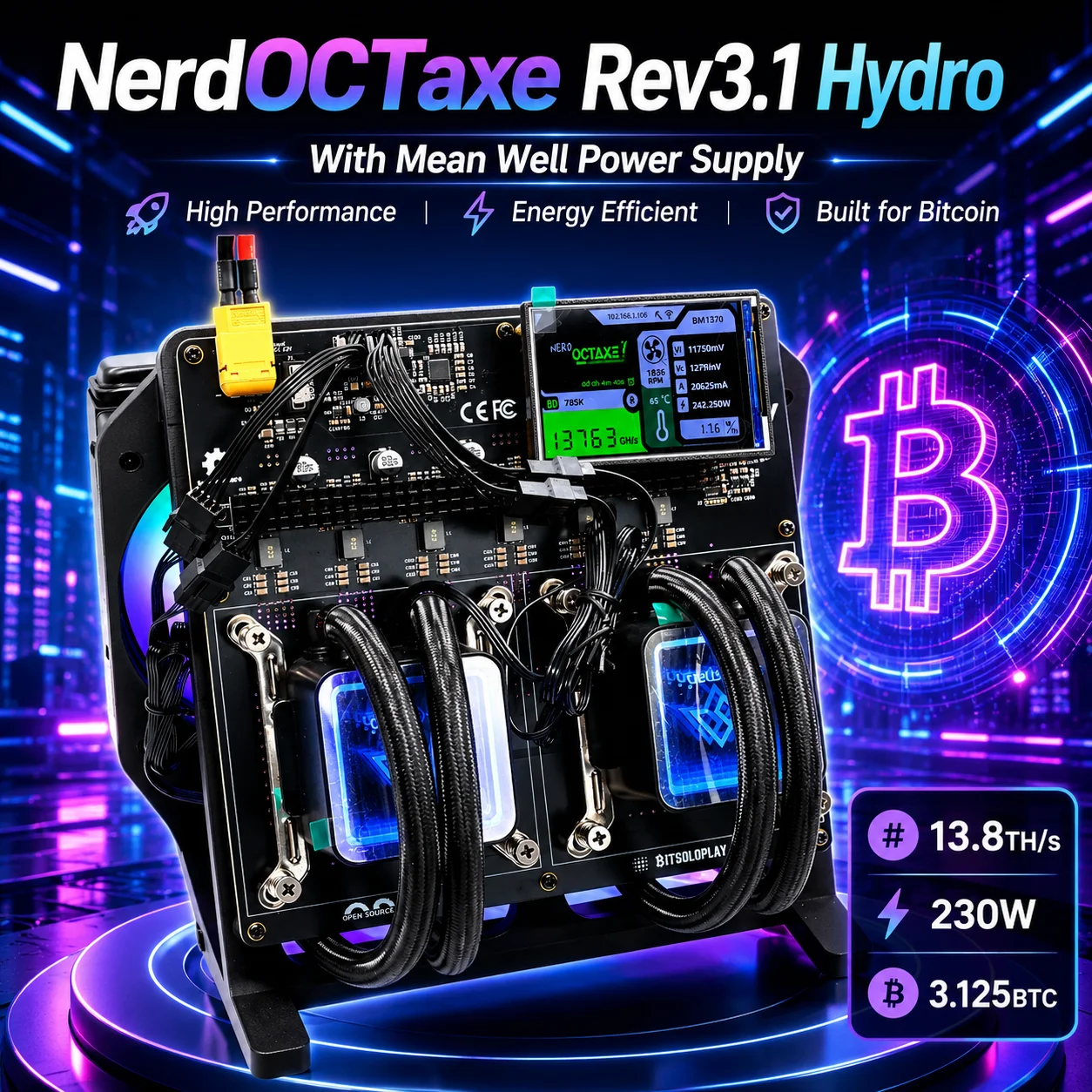2026 Neuer NerdOctaxe Rev3.1 Hydro 13.8Th/s 230W 3,5-Zoll-Display Bitcoin Solo Miner für den Heimgebrauch mit Mean Well Netzteil