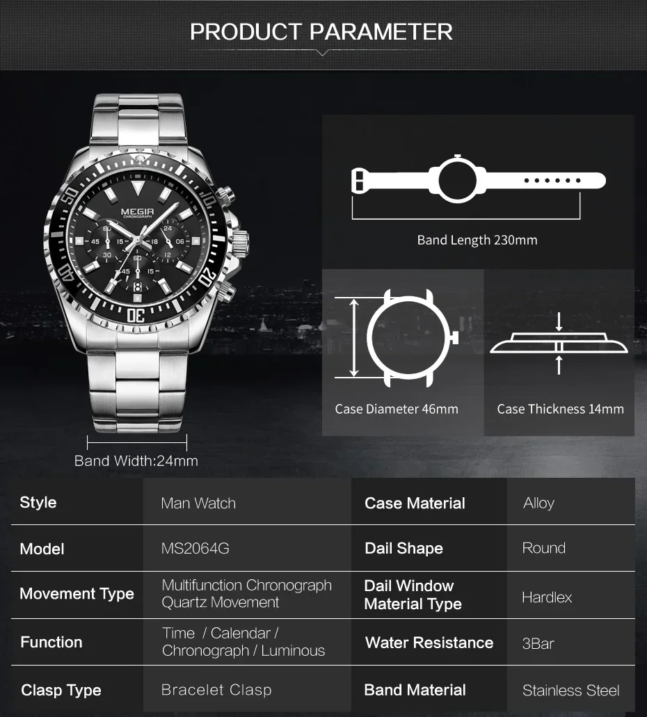 Megir ساعات كرونوغراف كوارتز رجالية ، فولاذ مقاوم للصدأ ، مقاوم للماء ، نظارة مضيئة ، ساعة يد 24 ساعة للرجل ، قرص أخضر ، 2064G-9