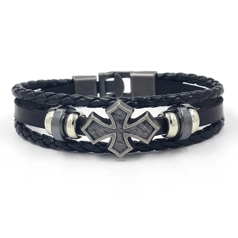 Vintage Multi-layer Leather Woven Cross Bracelet Charming Men\'s Bracelet New Fashion Hip-hop Punk Accessories Jewelry Wholesale