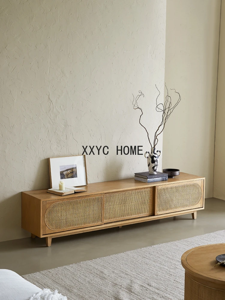 

White Oak TV Cabinet Modern Living Room Rattan Floor Low Cabinet Living Room Background Wall Floor Cabinet