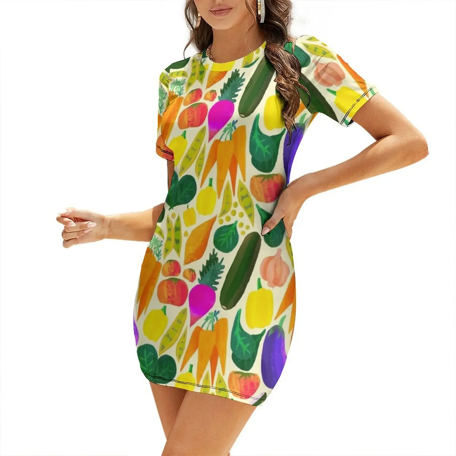 

Veggie Pattern Brights Short-Sleeved Dress luxury dresses summer dress woman 2026 wedding guest dress 2026