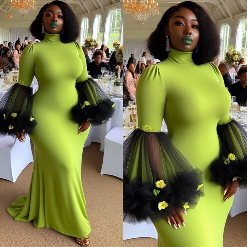 

Green High Neck Mermaid Evening Gowns Long Sleeves Tulle Trumpet Aso Ebi Prom Dresses Plus Size Women Formal Party Dress Robe