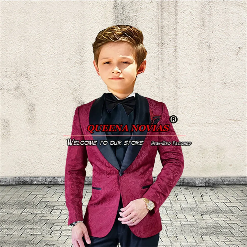 Abiti da ragazzo per matrimonio pantaloni Blazer Jacquard con risvolto nero bordeaux 2 pezzi abiti da festa di compleanno per bambini formali abbigliamento per bambini