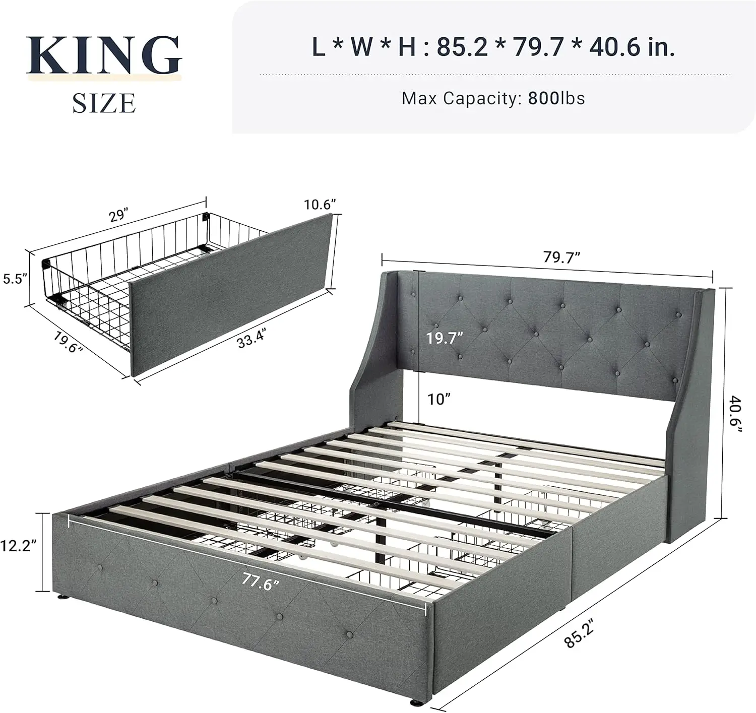 

Allewie King Size Bed Frame with 4 Storage Drawers and Wingback Headboard, Button Tufted Design, No Box Spring Needed