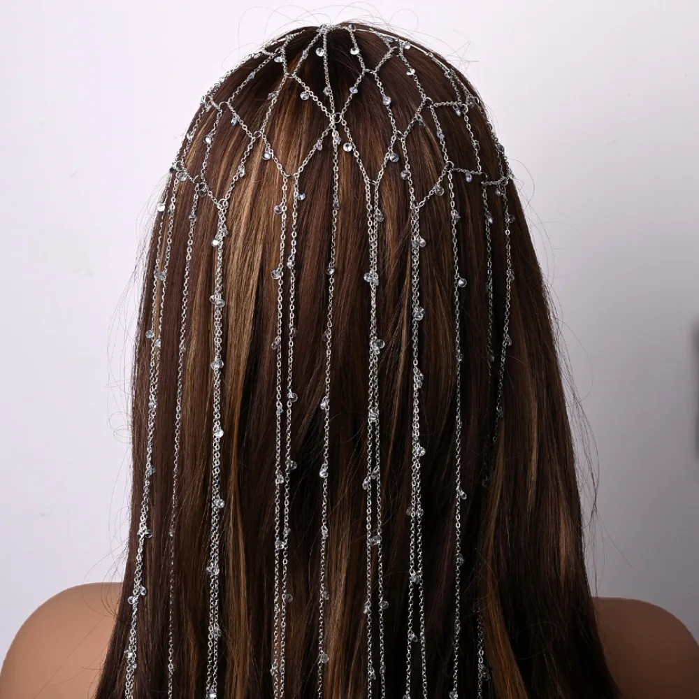 

Элегантная европейская и американская сетчатая повязка для волос с кисточками и цепочкой из страз, аксессуар для женщин в стиле феи.
