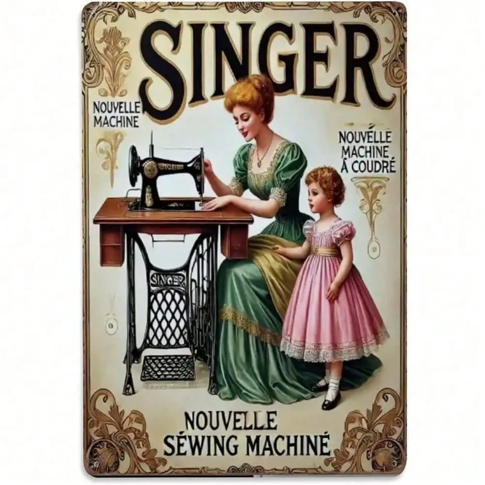 **INDUSTRIAL VINTAGE Wall Art 8x12 Inch - Metal Tin Sign Retro Sewing Machine for Kitchen Garage Home Decor**